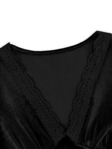 LUMIGAL Women's V-Neck Velvet Lantern Sleeve Lace Patchwork Vintage Long Sleeve Mini Dress - Black - View 4