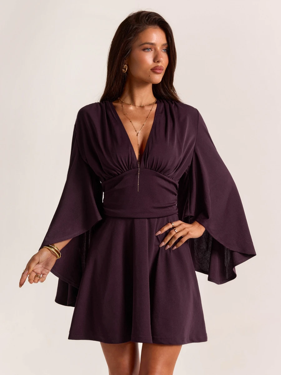 SHEIN BAE فستان ميني أنيق بقصة A-Line باللون البنفسجي للخريف، بياقة V عميقة وأكمام واسعة وخصر مكشكش، مناسب للحفلات الفرنسية والمواعيد الليلية وحفلات العودة للمنزل وضيفة الزفاف - بني - مشاهدة 1