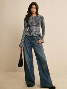 Poéselle 女款格紋圓領長袖修身時尚襯衫 - 黑與白 - 查看 5