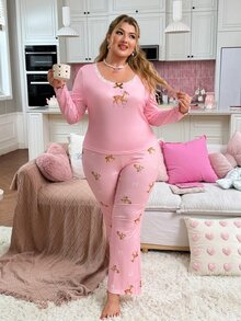 Plus Size Women Sweet Cute Bow & Deer Print Knit Fabric Long Sleeve Long Pants Pajama Set - Pink - View 4