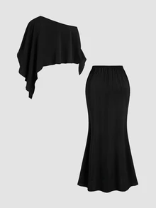 Sweetra Women's 2 Pieces Set Asymmetrical Hem Top And Skirt, Slimming Elegant Street Style - Black - View 2