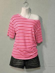 SHEIN EZwear 休閒極簡條紋滿版印花單肩落肩短袖寬鬆女款T恤 - 彩色 - 查看 7