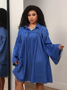 Slaydiva Plus Size Women's Collared Long Sleeve Ruched Casual Denim Dress - Blue - View 5
