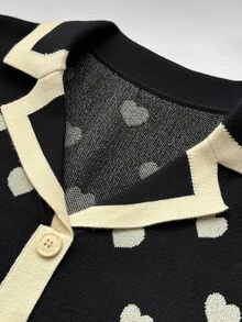 Modelyn Plus Size Women's Heart Pattern Single-Breasted Long Sleeve Slim Fit Elegant Knit Dress - Black - View 6