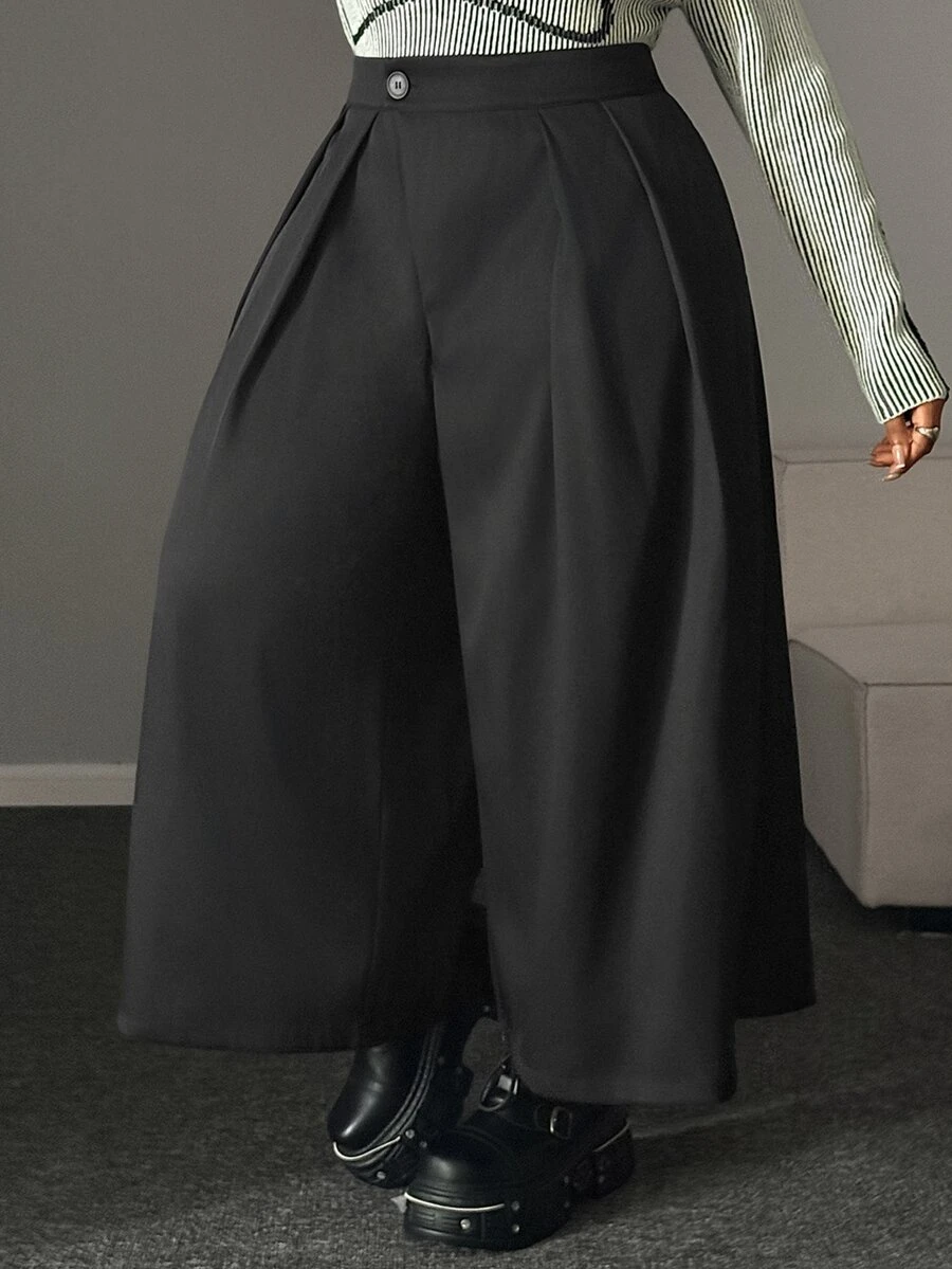 Maweii Plus Size Black High Waist Pleated Wide Leg Suit Pants - Black - View 1