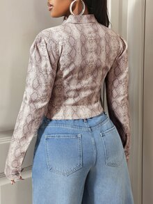 BamGleam Women's Snake Print Eyelet Tie Design Long Sleeve Denim Top - Multicolor - View 2