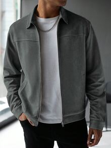Manfinity Homme 男士素色長袖拉鍊休閒夾克 - 綠色 - 查看 5