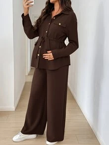SHEIN 孕婦純色長袖腰部綁帶上衣與可調節腰圍長褲優雅兩件套秋季 - 棕色 - 查看 8