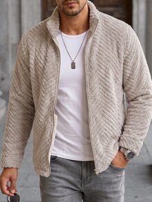 Manfinity CasualCool 男士純色紋理雙面抓絨長袖夾克，高領開襟設計，易穿易搭，適合日常休閒穿著，是送給男友或丈夫的理想禮物 - 杏色 - 查看 5