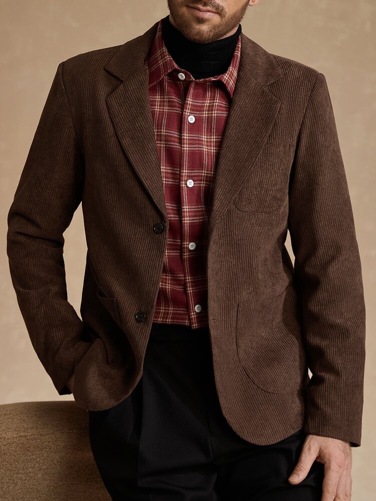 Core Aspect Men's Cityboy Vintage Corduroy Blazer, Light Brown Loose Fit Multi-Pocket Jacket, Casual Retro Daily Commute Outfit - Coffee Brown - View 3