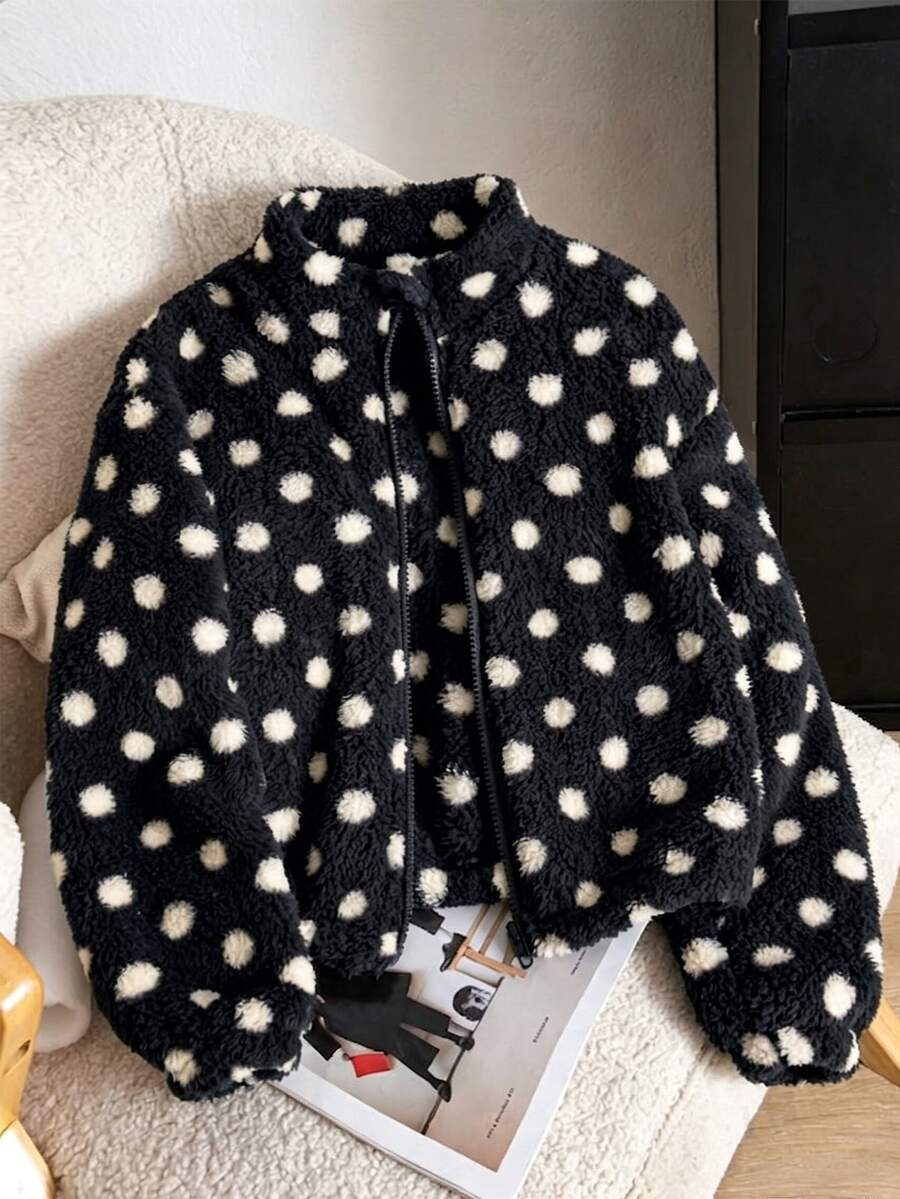 SHEIN 女童黑色波點毛絨夾克,白色波點圖案,可愛立領拉鍊短版設計,修身顯瘦,秋冬校園學生款 - 彩色 - 查看 1