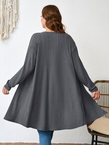 SHEIN LUNE 大尺碼純色羅紋針織開襟衫，適合春、秋、冬穿著；舒適，適合冬季度假 - 灰色 - 查看 2