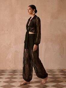 Zivah Women's Elegant Lace Sheer Blouse And Lantern Pants 2 Pieces Set For Beach Party - Brown - View 9