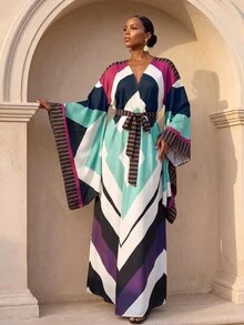 Zivah New Elegant Women's Multi-Color Totem Print Robe-Style Long Cover-Up With Tie, Suitable For Multiple Occasions, Elegant Women's Beach Vacation Versatile Commute - Multicolor - View 7