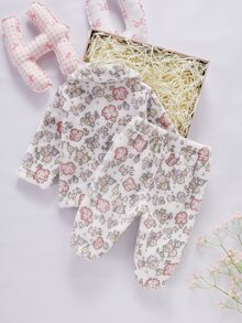 秋冬雙面法蘭絨保暖加厚新生兒居家服套裝，可愛花卉印花粉色彼得潘領長袖上衣搭配連腳褲，柔軟舒適，新生兒最佳禮物 - 淺粉色 - 查看 2