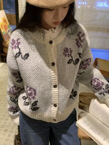 DAZY Women's Floral Decor Loose Knit Cardigan - Beige - View 2