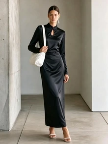 SHEIN Autumn New Chinese Satin Frog Button Cutout Ruched Split Midi Dress Vibe Fall Chinese Frog Button Side Ruched Back Split Party Dress - Black - View 5