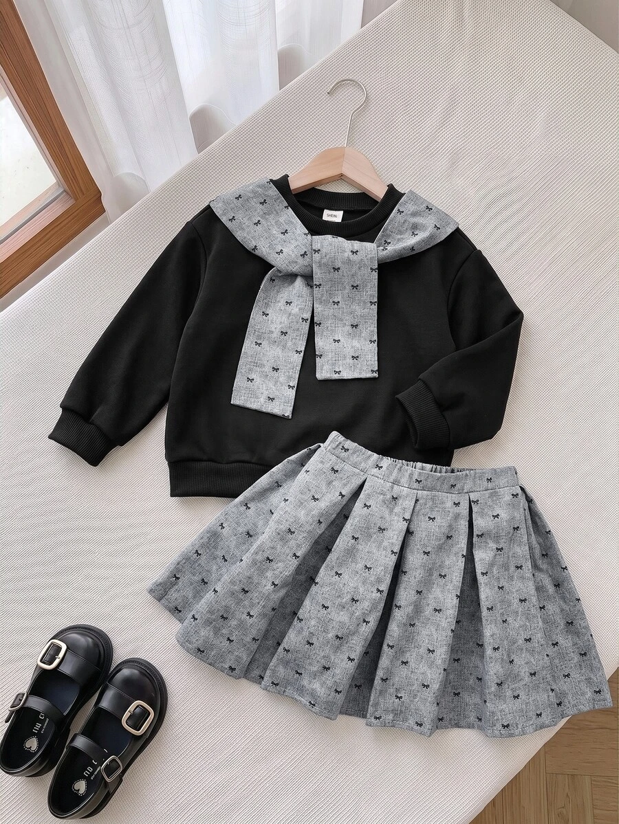 SHEIN 女嬰蝴蝶結圖案披肩設計運動衫與百褶裙休閒套裝 - 黑色 - 查看 1