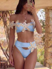 Bonvoyette 春夏女款熱銷性感度假比基尼套裝，隨機海星與珍珠裝飾 - 藍色 - 查看 4