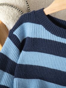 SHEIN Elladie kids 少女條紋圓領長袖休閒百搭針織衫 - 藏蓝色 - 查看 4