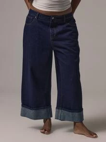 MUSERA Celana Capri Denim Biru Pinggang Sedang Potongan Lurus dengan Lipatan di Bagian Bawah Kasual Keren Dasar Musim Gugur Musim Dingin - Biru - View 2