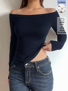 SHEIN BASICS Áo thun tay dài trễ vai ôm dáng màu trơn đa năng mặc hằng ngày cho nữ - Màu xanh hải quân - Xem 5