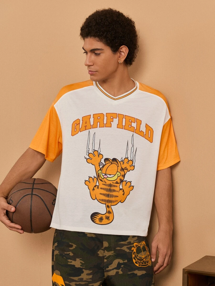 GARFIELD | SHEIN Kaos Lengan Pendek Kasual Pria dengan Motif Kartun Huruf untuk Sehari-hari - Putih - View 1