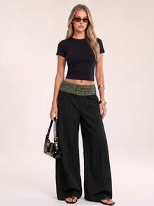 Avantive Women's Waist Patchwork Plaid Wide Leg Loose Long Pants - Multicolor - View 7