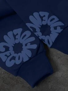 Manfinity EMRG 男士字母壓紋長袖休閒連帽衛衣 - 藏蓝色 - 查看 5