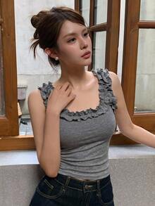 DAZY 女款純色荷葉邊修身百搭日常休閒上衣 - 灰色 - 查看 4