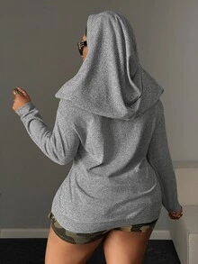 Maweii Plus Size Hooded Long Sleeve Casual Commute Shopping Comfortable Sweatshirt - Grey - View 2