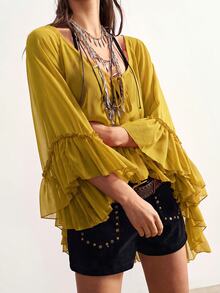 Bohemela Casual Solid Color Woven Ruffle Trim Oversized Women's Blouse - Yellow - View 4