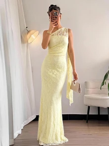 Firerie 女款夏季優雅浪漫時尚通勤性感優雅風不對稱肩修身長洋裝，適合派對、海灘度假、返校、浪漫約會、婚禮季、生日、復活節，春夏洋裝 - 淡黃色 - 查看 6