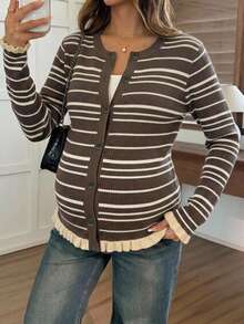 Dazy Maternity Contrast Color Striped Fitted Long Sleeve Ruched Ruffle Round Neck Casual Vacation Street Korean Style Autumn/Winter Knit Cardigan For Pregnant Women - Brown - View 1
