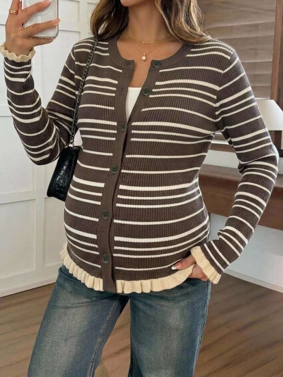 Dazy Maternity Contrast Color Striped Fitted Long Sleeve Ruched Ruffle Round Neck Casual Vacation Street Korean Style Autumn/Winter Knit Cardigan For Pregnant Women - Brown - View 1