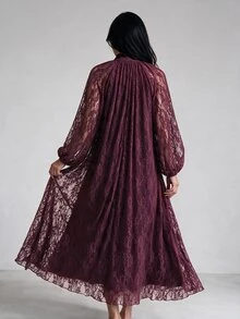 Yasveil Women's Wine Red Knitted Lace Long Sleeve Cinched Waist A-Line Elegant Romantic Arabian Dress - Burgundy - View 2