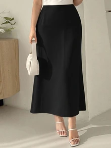 Dazy Plus Solid Color Elegant Fitted Long Versatile Fun Commuter Black Skirt - Black - View 1