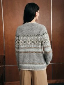 Anewsta Cardigan Rajut Jacquard Abu-abu Longgar dan Nyaman untuk Wanita, Cocok untuk Musim Dingin - Grey - View 3