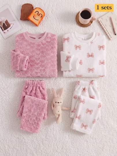 1 Set Young Girl) Round Neck Long Sleeve Long Pants Pink Heart Plush Thickened Comfortable Soft Loungewear, Autumn/Winter Season, Home Wear, Versatile Fashion, Best Gift For Young Girl
