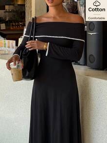Siren Gaze Fall Cotton Black Dress Women's Floral Bud Trim Off-Shoulder Long Sleeve Elegant Dress Party Office Halloween Winter Holiday Y2k Going Out A-Line Work - Black - View 5