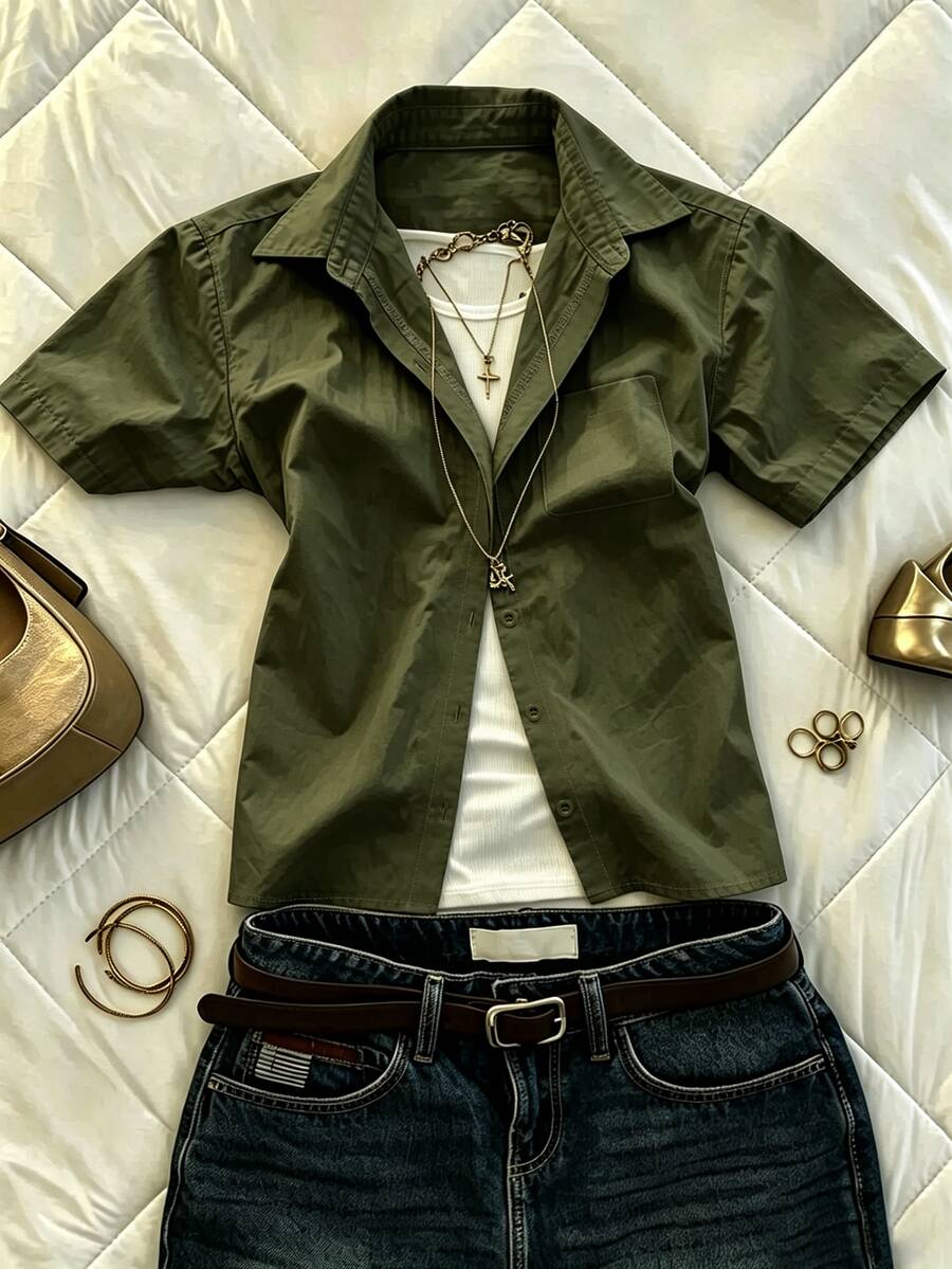 IslaSuriya Women's Summer Solid Color Casual Versatile Daily Wear Shirt Office Olive Green - Army Green - View 1