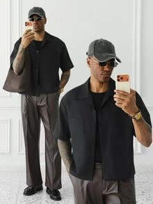 HUEFORM Kemeja Kancing Depan Kasual Saku Ukuran Besar Pria, Streetwear, Formal - Hitam - View 3
