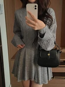 DAZY Women's Solid Color Loose Short Cable Knit Crew Neck Long Sleeve Casual Vacation Spring Autumn Sweater - Grey - View 7