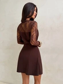 Aloruh Coffee Brown Party Cocktail Dress With Stand Collar, Lace Long Sleeve Patchwork, Mini A-Line Skirt For Women - Coffee Brown - View 2