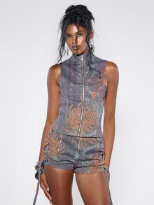 MUSERA Multicolour Graphic Sleeveless Fitted Zip Up Top Fall Winter Festival Cool Women Outfit - Multicolor - View 1