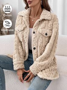 EMERY ROSE Plus Size Women's Fall Casual Fleece Solid Color Cable Pattern Jacket, Autumn/Winter,Button-Up Jacket With Pocket,Winter Coat,Warm,Going Out Outfits - Apricot - View 7