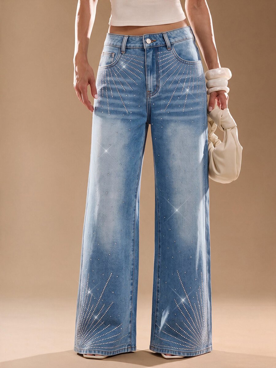 SHEIN BAE Women's Casual Daily Travel Denim Jeans With Pocket, Button And Rhinestone - Blue - View 1