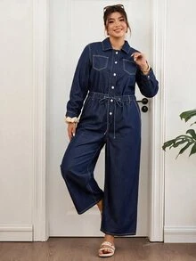 Lounesse Plus Size Women's Casual Daily Denim Jumpsuit - Blue - View 6