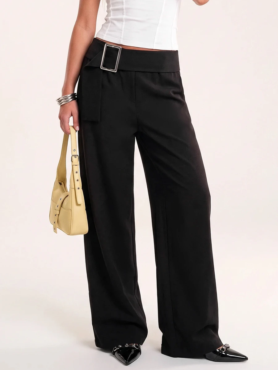 Avantive Women's Waist Buckle Design Straight Leg Loose Fit Long Pants Office Work Business Black Fall Casual - Black - View 1