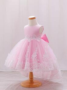 SHEIN Glamorique Kids 4 Seasons 嬰兒女童 1 歲生日派對禮服，V 背蕾絲拖尾生日長裙，粉色亮片背腰大蝴蝶結生日派對洋裝 - 粉色 - 查看 3
